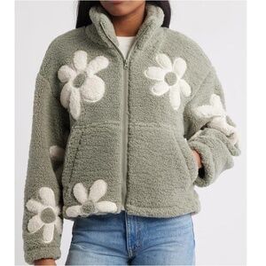 Thread & Supply High Pile Fleece Floral Full Zip Jacket Aqua Gray Small